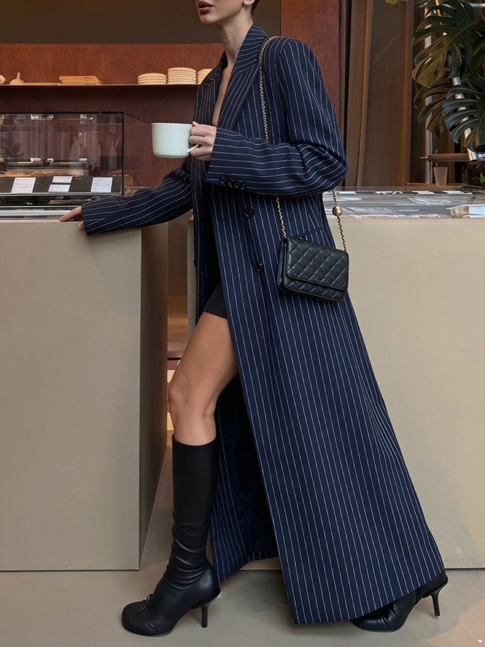 Navy Blue Elegant Women's Striped Double-Breasted Jacket